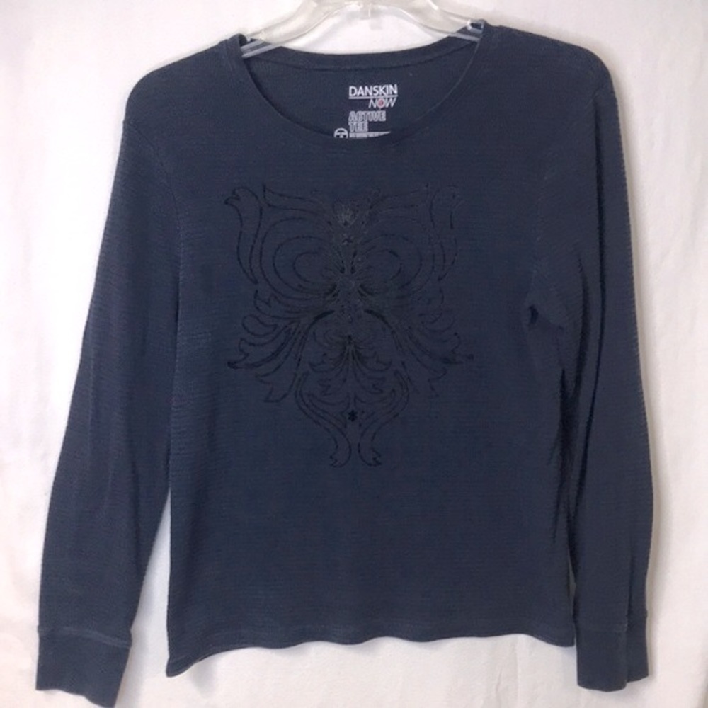 DANSKIN Now Women’s Long Sleeve Tee Navy Blue Front Graphic Size 2X